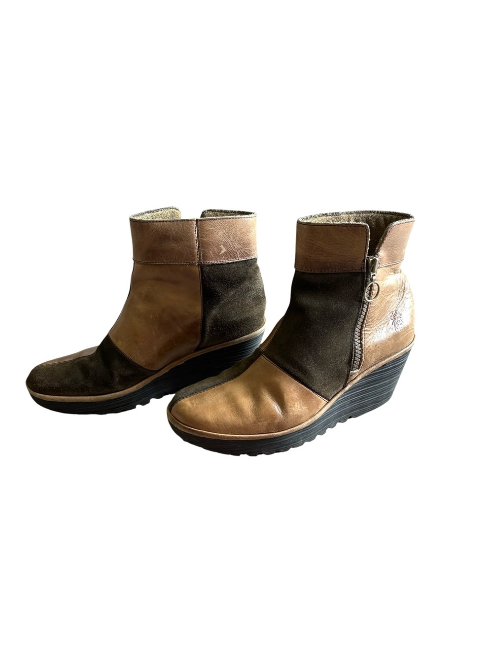 Fly London Yime Brown Suede Wedge Ankle patchwork Boots EU40